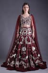 House of Tushaom_Wine Satin Organza Embroidered Floral V Neck Heavy Lehenga With Blouse _Online_at_Aza_Fashions