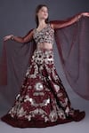 Shop_House of Tushaom_Wine Satin Organza Embroidered Floral V Neck Heavy Lehenga With Blouse _Online_at_Aza_Fashions