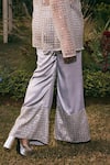 SAANJH BY LEA_Silver Mesh Embroidered Bead Shawl Collar Safa Shimmer Satin Jacket Pant Set_Online_at_Aza_Fashions
