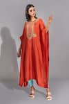 Shruti S_Orange Kaftan Silk Hand Embroidered Sequins Round Yoke And Salwar Pant Set_Online_at_Aza_Fashions