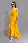 Shruti S_Yellow Natural Breathable Modal Satin Solid One Shoulder Dress With Belt_Online_at_Aza_Fashions
