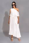 Shop_Shruti S_White Natural Breathable Modal Satin Solid One Shoulder Frill Dress With Belt_Online_at_Aza_Fashions