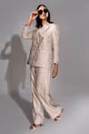 Buy_Shruti S_Beige Light Jacquard Notched Lapel Jacket And Trouser Co-ord Set _at_Aza_Fashions