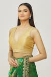 Samyukta Singhania_Gold Mulberry Silk Embroidered Thread Plunge V Neck Metallic Blouse_Online_at_Aza_Fashions