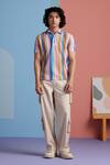 MUVAZO_Multi Color 100% Cotton Textured Rainbow Stripe Pattern Polo Tee  _Online_at_Aza_Fashions