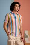 MUVAZO_Multi Color 100% Cotton Textured Rainbow Stripe Pattern Polo Tee  _at_Aza_Fashions