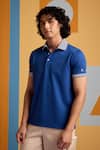 Buy_Muvazo_Blue Cotton, Polyester Cerulean Textured Polo T Shirt _at_Aza_Fashions