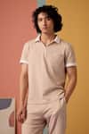 Buy_Muvazo_Peach Jacquard Sunlit Sienna Woven Zip Tee _at_Aza_Fashions