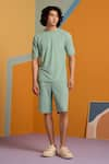 Buy_MUVAZO_Green Knitted Jacquard Woven Stripe Maverick T Shirt And Shorts Set _at_Aza_Fashions