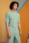 MUVAZO_Green Knitted Jacquard Woven Stripe Maverick T Shirt And Shorts Set _at_Aza_Fashions