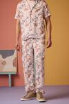 Buy_MUVAZO_Brown Jacquard Satin Printed Floral Odyssey Shirt And Pant Set _Online_at_Aza_Fashions