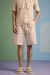 MUVAZO_Beige Cotton Poplin Plain Sunbeam T Shirt And Shorts Set  _Online_at_Aza_Fashions