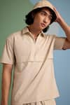 MUVAZO_Beige Cotton Poplin Plain Sunbeam T Shirt And Shorts Set  _at_Aza_Fashions