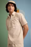 Buy_MUVAZO_Beige Cotton Poplin Plain Sunbeam T Shirt And Shorts Set  