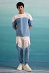 Buy_Muvazo_Blue Cotton, Polyester Coastal Mist Colorblock T Shirt And Joggers Set _at_Aza_Fashions