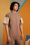 Shop_MUVAZO_Brown Interlock Plain Walnut Wave 3d Pocket T Shirt And Shorts Set  _Online_at_Aza_Fashions