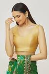 Buy_Naintara Bajaj_Gold Muslin Plunge Neck Metallic Sleeveless Solid Blouse _Online_at_Aza_Fashions
