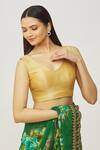 Shop_Naintara Bajaj_Gold Muslin Plunge Neck Metallic Sleeveless Solid Blouse _Online_at_Aza_Fashions