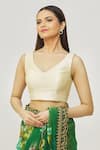 Samyukta Singhania_Gold Mulberry Plunge V Neck Metallic Solid Blouse _Online_at_Aza_Fashions