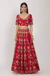 Rohini Bedi_Red Raw Silk Embroidery Zari Thread Leaf Neck Bridal Lehenga Set _Online_at_Aza_Fashions