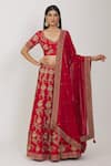 Buy_Rohini Bedi_Red Raw Silk Embroidery Zari Thread Leaf Neck Bridal Lehenga Set _Online_at_Aza_Fashions