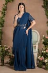 Buy_PREETI MEHTA_Blue Georgette Viscose 60% And 40% Pleated Pre-draped Saree With Pattern Blouse _at_Aza_Fashions