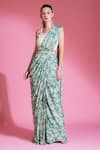 Buy_PREETI MEHTA_Green 100% Viscose Digital Printed Pre-draped Saree With Mirror Work Blouse _at_Aza_Fashions