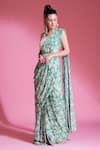 Buy_PREETI MEHTA_Green 100% Viscose Digital Printed Pre-draped Saree With Mirror Work Blouse _Online_at_Aza_Fashions