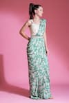 Shop_PREETI MEHTA_Green 100% Viscose Digital Printed Pre-draped Saree With Mirror Work Blouse _Online_at_Aza_Fashions