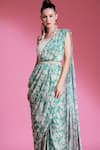 Shop_PREETI MEHTA_Green 100% Viscose Digital Printed Pre-draped Saree With Mirror Work Blouse _at_Aza_Fashions