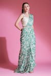 PREETI MEHTA_Green 100% Viscose Digital Printed Pre-draped Saree With Mirror Work Blouse _at_Aza_Fashions