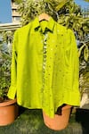 Nitara Dhanraj Label_Green Matka Silk Embroidered Acrylic Glass Collared Shirt With Skirt _Online_at_Aza_Fashions