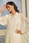 Shop_Two Sisters By Gyans x AZA_White Georgette Embroidered Sequin Collar Embellished Kaftan And Pant Set