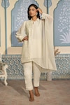 Two Sisters By Gyans x AZA_White Georgette Embroidered Sequin Collar Embellished Kaftan And Pant Set_Online