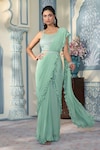 Buy_Two Sisters By Gyans x AZA_Green Georgette Embellished Sequin Pre-draped Ruffle Saree With Blouse _at_Aza_Fashions