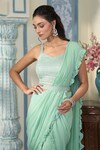 Shop_Two Sisters By Gyans x AZA_Green Georgette Embellished Pre-draped Ruffle Saree With Blouse _at_Aza_Fashions
