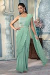 Buy_Two Sisters By Gyans x AZA_Green Georgette Embellished Pre-draped Ruffle Saree With Blouse 