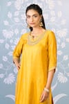 Buy_Two Sisters By Gyans x AZA_Yellow Satin Embroidered Zardozi Notched Kurta Pant Set _Online_at_Aza_Fashions