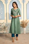 Buy_Two Sisters By Gyans x AZA_Green Satin Embroidered Zardozi Notched Kurta Set _Online_at_Aza_Fashions