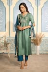 Buy_Two Sisters By Gyans x AZA_Green Satin Embroidered Zardozi Notched Kurta Set 