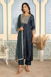 Buy_Two Sisters By Gyans x AZA_Blue Kurta Satin Embroidered Dabka Notched Zardozi Straight Set _at_Aza_Fashions