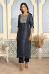 Buy_Two Sisters By Gyans x AZA_Blue Kurta Satin Embroidered Dabka Notched Zardozi Straight Set _Online_at_Aza_Fashions