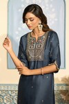 Shop_Two Sisters By Gyans x AZA_Blue Kurta Satin Embroidered Dabka Notched Zardozi Straight Set _at_Aza_Fashions