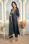 Buy_Two Sisters By Gyans x AZA_Blue Kurta Satin Embroidered Dabka Notched Zardozi Straight Set 