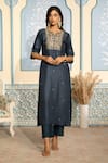 Buy_Two Sisters By Gyans x AZA_Blue Kurta Satin Embroidered Dabka Notched Zardozi Straight Set _Online