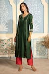 Buy_Two Sisters By Gyans x AZA_Green Satin Embroidered Zardozi V Neck Straight Kurta Set _Online_at_Aza_Fashions