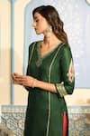 Shop_Two Sisters By Gyans x AZA_Green Satin Embroidered Zardozi V Neck Straight Kurta Set _at_Aza_Fashions