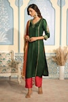 Shop_Two Sisters By Gyans x AZA_Green Satin Embroidered Zardozi V Neck Straight Kurta Set 