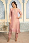 Buy_Two Sisters By Gyans_Pink Tissue Woven Floral Round Banarasi Kurta Pant Set_Online