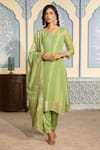 Buy_Two Sisters By Gyans x AZA_Green Tissue Woven Floral Notched Banarasi Kurta Pant Set _at_Aza_Fashions